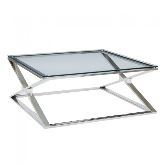 Glass Top Stainless Steel Cocktail Table With X Base