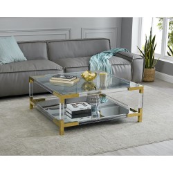 Gold Cocktail Table With Glass Top and Mirror Base