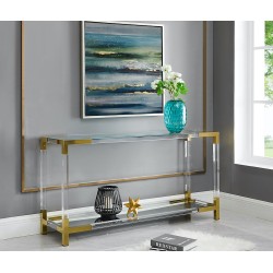 Gold Console Table with Glass Top and Mirror Base