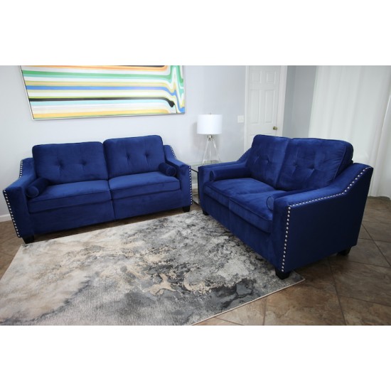 NAVY BLUE Plush Sofa & Loveseat set with silver nail head 