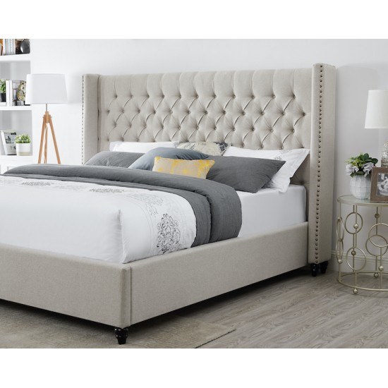 Tufted Nailhead King Bed with Beige Fabric