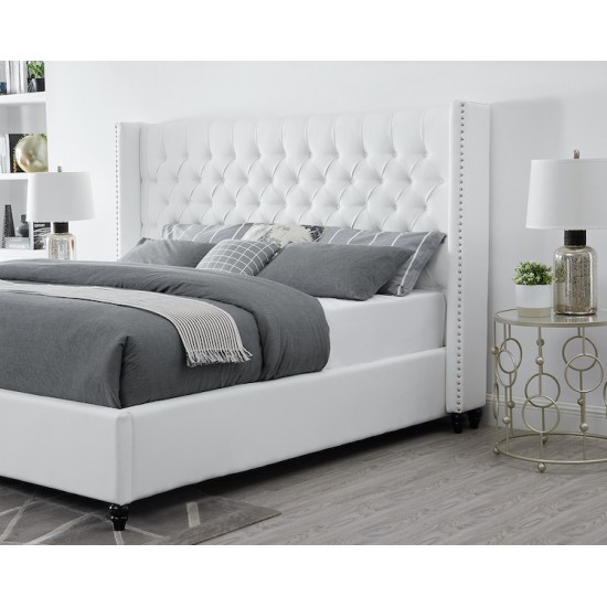 Nailhead Queen Bed White Leather