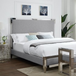 Stainless Steel and Acrylic King Bed with Gray Fabric