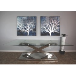 Stainless Steel Wide X Base Dining table with Glass Top