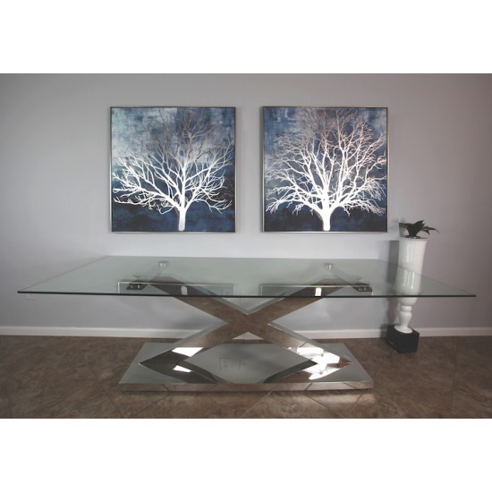 Stainless Steel Wide X Base Dining table with Glass Top