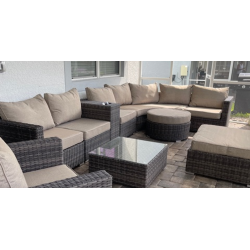 10 Piece Outdoor Seating Set, Brown Poly Weave with Beige Cushion