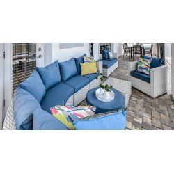 10 Piece Outdoor Seating Set With White Poly Weave and Light Blue Cushions