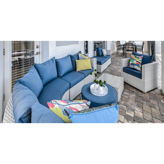 10 Piece Outdoor Seating Set With White Poly Weave and Light Blue Cushions