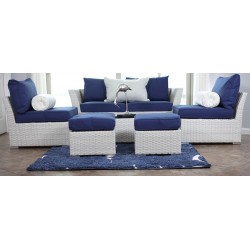 6 piece Outdoor Seating set White Poly Weave with Navy Blue Cushion